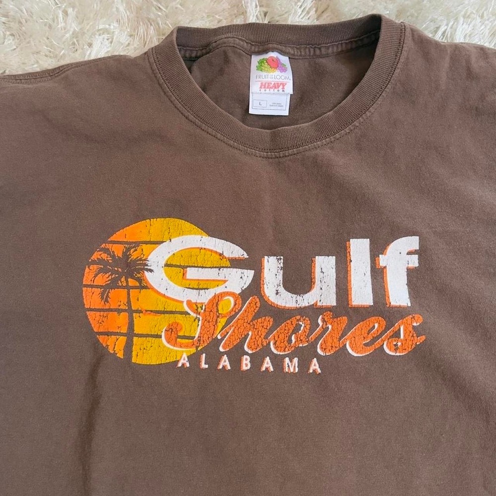 Vintage Fruit of the Loom Gulf Shores Alabama Sunset Surf Graphic Tee Brown L